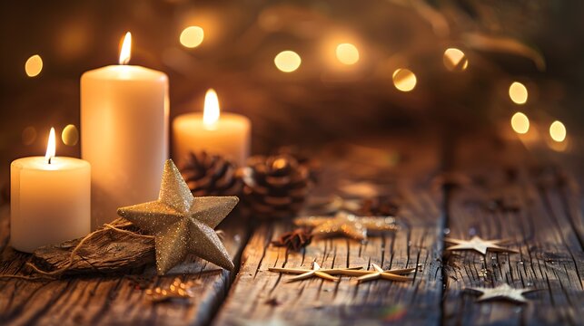 Merry Christmas and happy New Year A warm dark golden brown wooden background with burning candles and a Christmas star Elegant lowkey shot with festive mood Template for the congratul : Generative AI