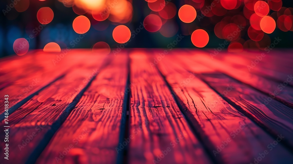 Poster empty red wooden floor or wooden terrace with abstract night light bokeh of night festival in garden