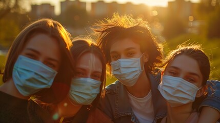 Happy friends covered by face masks having fun in the park New normal concept with young people having party together outside : Generative AI