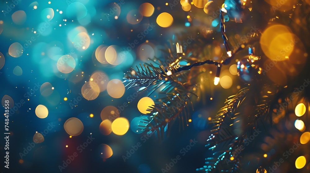 Poster Abstract bokeh lighting background Festive abstract blue background with bokeh defocused lights and stars : Generative AI