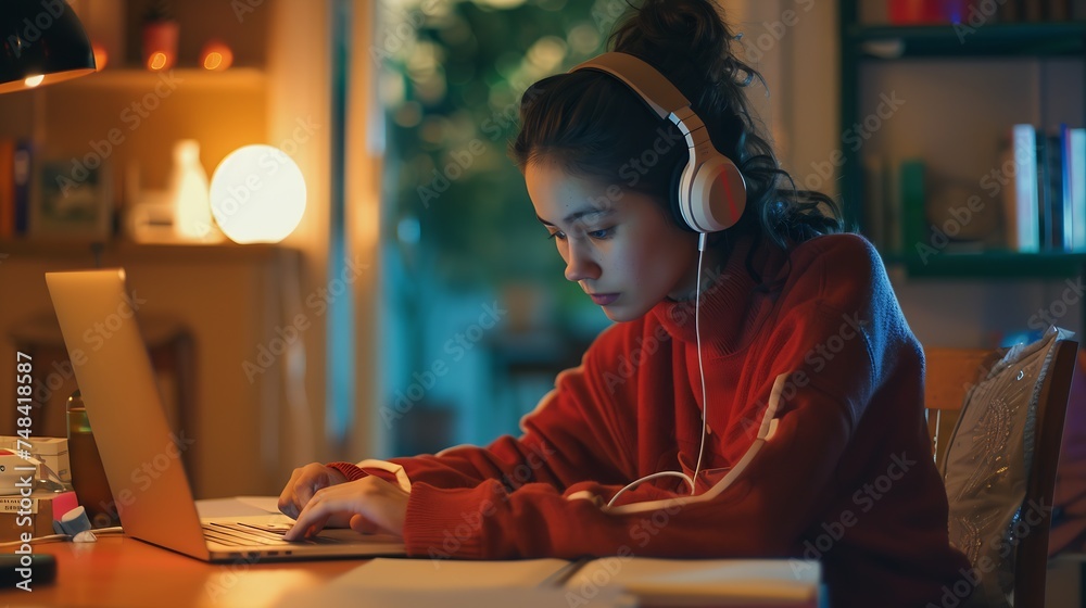 Poster Portrait of a student learning on line with headphones and laptop taking notes in a notebook sitting at her desk at home : Generative AI