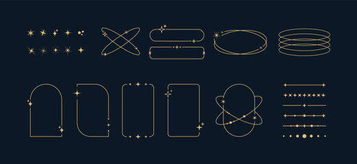 Y2K minimalist aesthetic line elements set. Abstract modern linear shape design with stars. 
