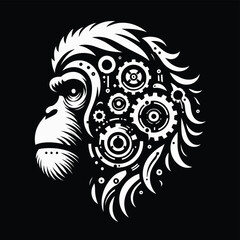 orangutan monkey, animal in techno cyberpunk and steampunk tattoo, wire, machine gear logo, 