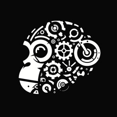 monkey, animal in techno cyberpunk and steampunk tattoo, wire, machine gear logo, 