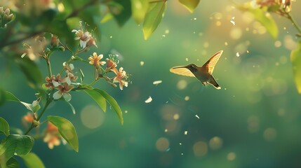 Obraz premium Hummingbird hawkmoth hovering over flower on green background : Generative AI