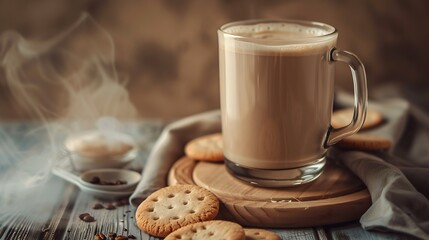 hot creamy milk in coffee is served with cookies hot latte coffee drink in glass with cream milk on wooden table breakfast beverage morning concept : Generative AI