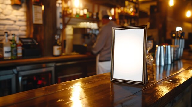 Mock up Menu frame on Table in Bar restaurant cafe with Bartender : Generative AI