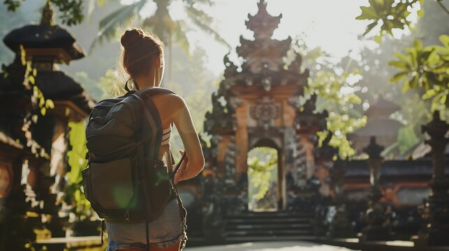 Traveller woman posing in front of a temple in Bali Indonesia Woman with backpack on a trip in Asia : Generative AI