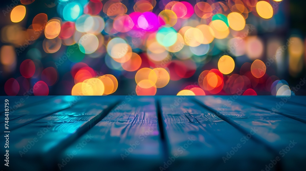 Fototapete image of wood table and blurred bokeh background with colorful lights : generative ai