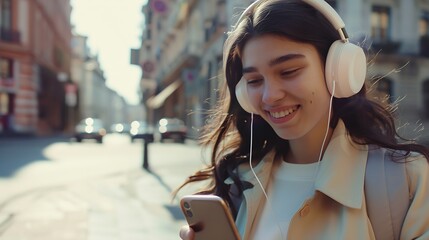 Portrait of a happy girl listening music on line with wireless headphones from a smartphone in the street in a summer sunny day : Generative AI