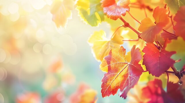 Beautiful colorful red green and yellow leaves of a wild grapes on a background of autumn nature closeup : Generative AI