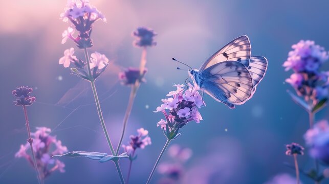 Beautiful butterfly over verbena flower Macroglossum stellatarum in nuture : Generative AI