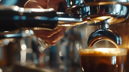 Fototapeta na wymiar Closeup partial view of barista preparing coffee at coffee machine Partial view of barista holding portafilter while preparing coffee in bar : Generative AI