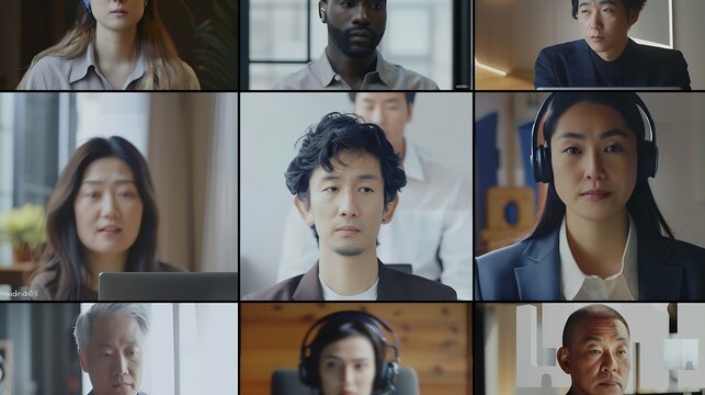Different age and ethnicity diverse businesspeople participating at group videocall laptop screen webcam view over man in headphones shoulder Distant communication videoconference acti : Generative AI
