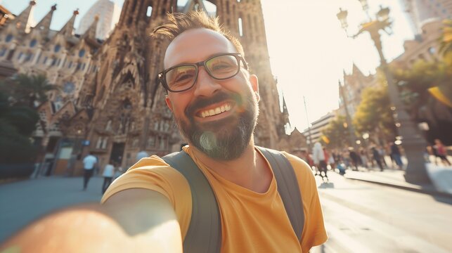 Happy tourist visiting La Sagrada Familia Barcelona Spain Smiling man taking a selfie outdoor on city street Tourism and vacations concept : Generative AI