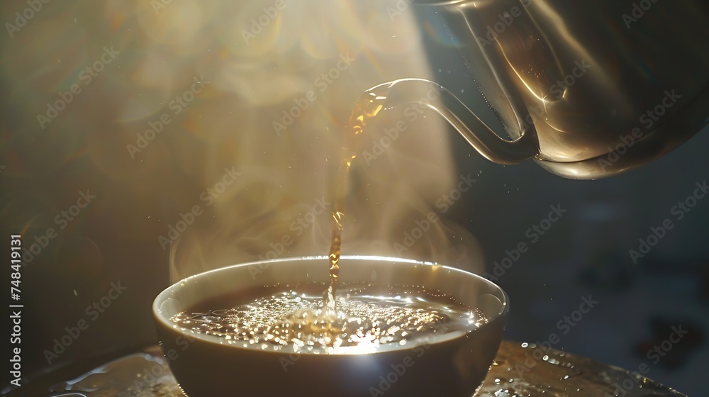 Poster making pour over coffee with hot water being poured from a kettle : generative ai