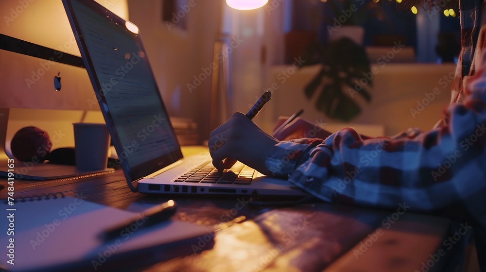 Poster entrepreneur working online with a laptop and taking notes in a notebook in a little office desktop 