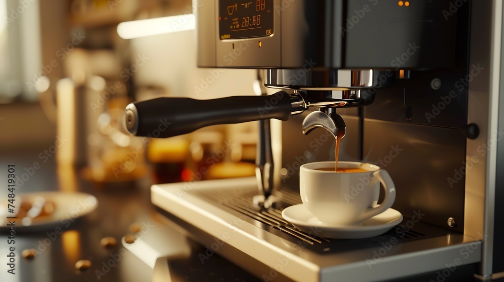 Poster closeup image of the coffee machines that are operating automatical coffee flowing into coffee cup t
