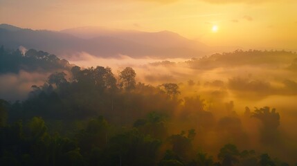 Sunrise and fog At Huai Nam Dang National park Chiang Mai Thailand : Generative AI