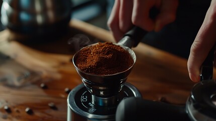 The process of making coffee step by step Man tamping freshly ground coffee beans in a portafilter on a working wooden table : Generative AI