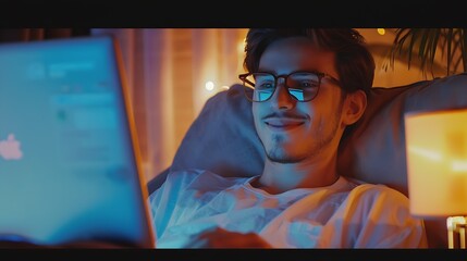 Smiling young man wearing glasses using laptop sitting in cozy armchair happy male looking at computer screen chatting in social network or shopping online playing game working at home : Generative AI