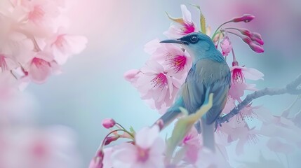 beautiful bird Mrs Goulds Sunbird with Cherry blossom pink sakura flower : Generative AI