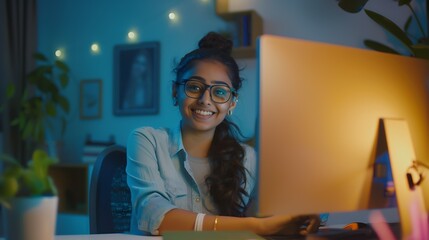 Happy young indian woman blogger applicant teacher sit at home office look at camera doing online job interview during video chat conference call record vlog teaching on webinar in app : Generative AI - obrazy, fototapety, plakaty