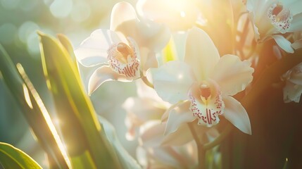 Beautiful Orchid flowers in tropical garden : Generative AI - obrazy, fototapety, plakaty