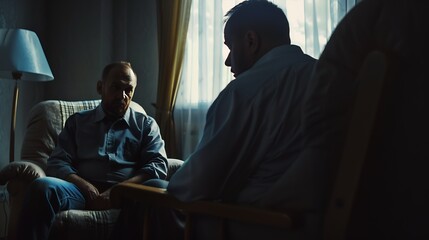 Psychotherapist working with drug addicted man indoors : Generative AI - obrazy, fototapety, plakaty