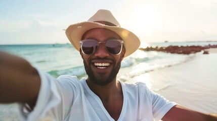Sportive black man taking selfie at the beach : Generative AI