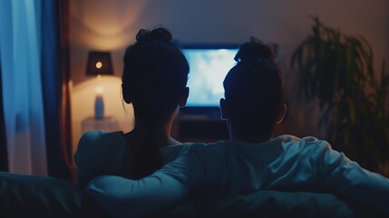 Back view of a couple watching tv in a couch at home Blank screen view : Generative AI