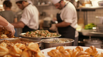 A busy kitchen bustling with the preparations of savory sufganiyot and sweet rugelach.