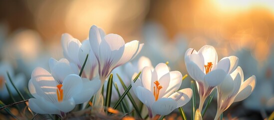 Beautiful white crocus flowers blooming in spring garden, nature floral background