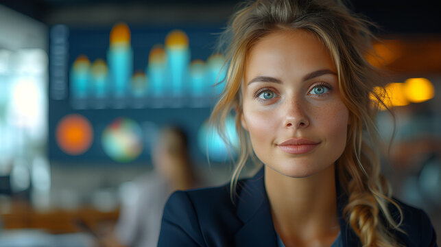 Attractive female in front of video screen - stylish clothing - graphs -0 data analysis - business meeting - board meeting - presentation 