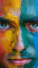 A close-up portrait of a man with intense eyes, his face partially obscured by thick, colorful strokes of textured paint.
