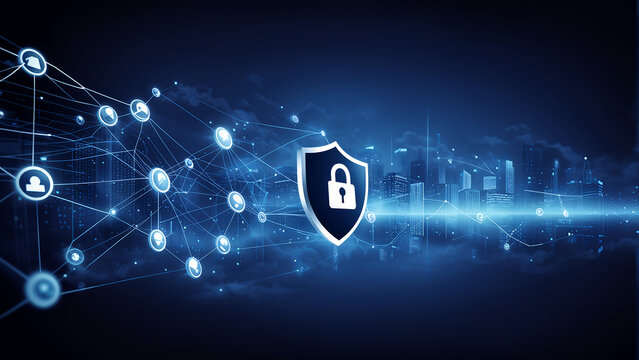 Boost Your Network Security: Icons of Firewalls, Encryption, and More on Blue Matrix Background - website header banner