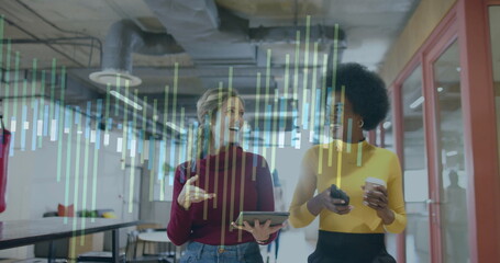 Image of financial data processing over diverse business people in office