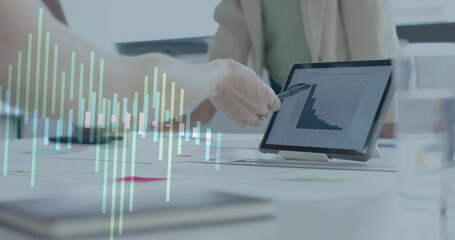 Image of financial data processing over diverse business people in office