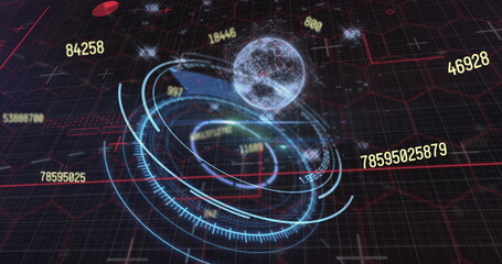 Image of scope scanning, numbers changing and globe spinning on grid in background