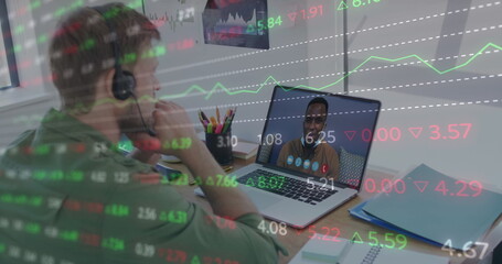 Image of financial data processing and numbers changing over man using laptop on image call