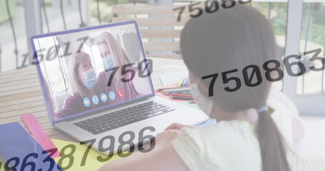 Image of numbers changing over girl in face mask using laptop on image call