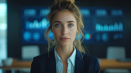 Female executive dressed in navy blue suit - Infographics - data visualizations in background - board meeting - data analysis - data analytics 