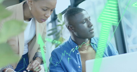 Image of financial data processing over diverse businesspeople working in office