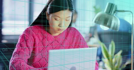 Rolgordijnen Aziatische plekken Image of financial data processing over asian businesswoman working in office