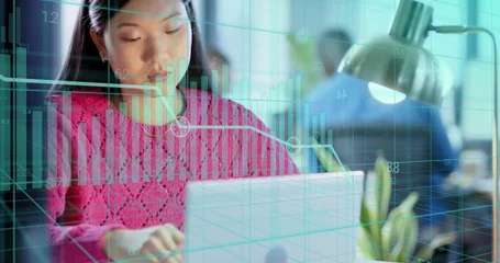 Keuken foto achterwand Aziatische plekken Image of financial data processing over asian businesswoman working in office