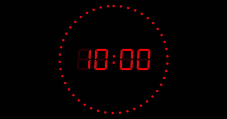 Image of red digital timer changing with dots in circle on black background