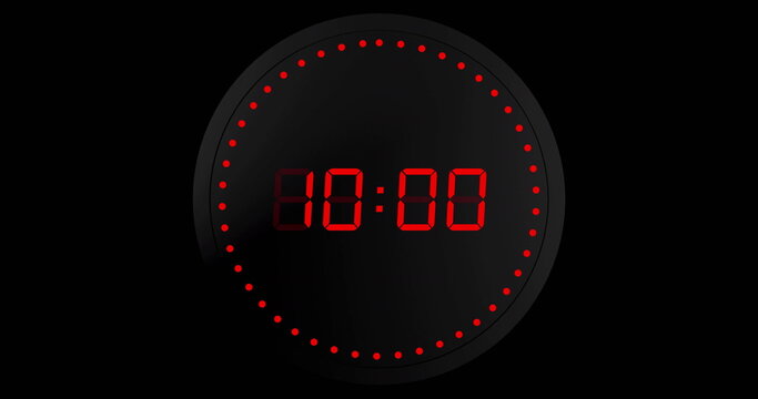 Image of red digital timer changing with dots in circle on black background