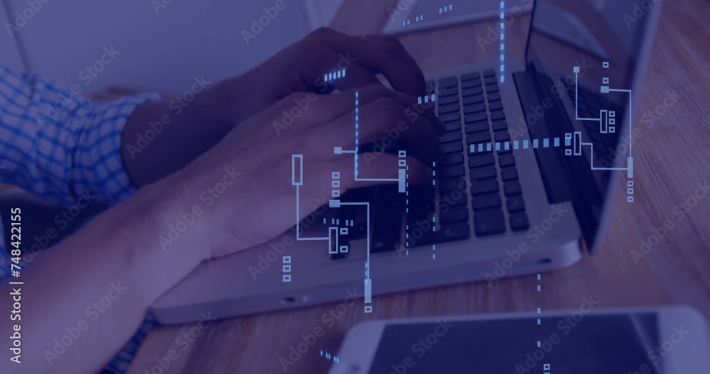 Poster image of circuit board with data processing over caucasian man using laptop