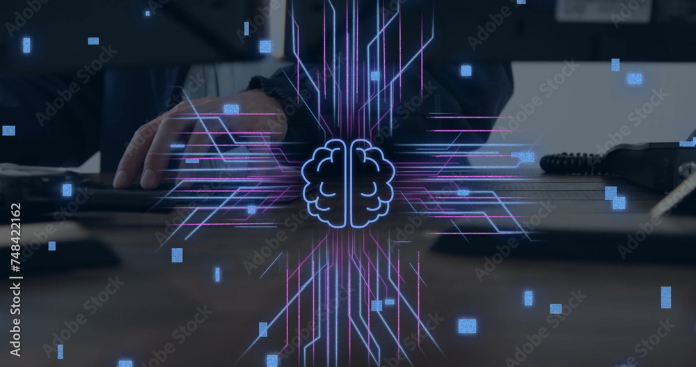 Poster image of circuit board with data processing over caucasian man using laptop