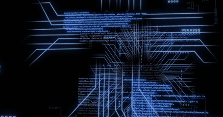 Image of circuit board with data processing over diverse people using computers